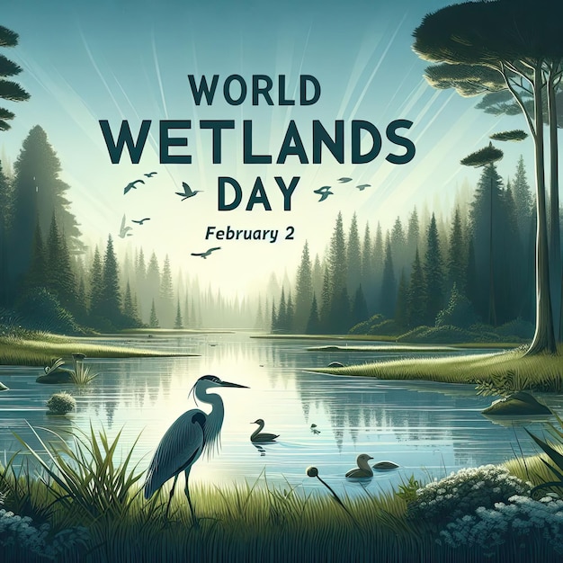 World Wetlands Day design It features a lake with plant and animal Vector illustration