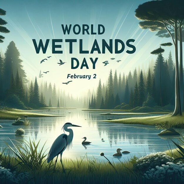 Photo world wetlands day design it features a lake with plant and animal vector illustration