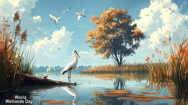 World Wetlands Day wetland scene with a tree and a white stork wading in the water