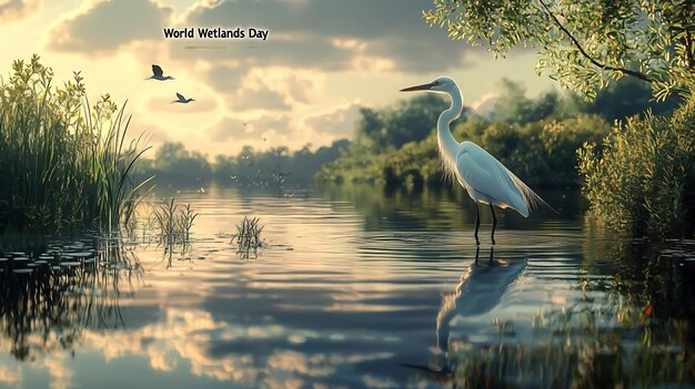 Photo world wetlands day wetland scene with a tree and a white stork wading in the water