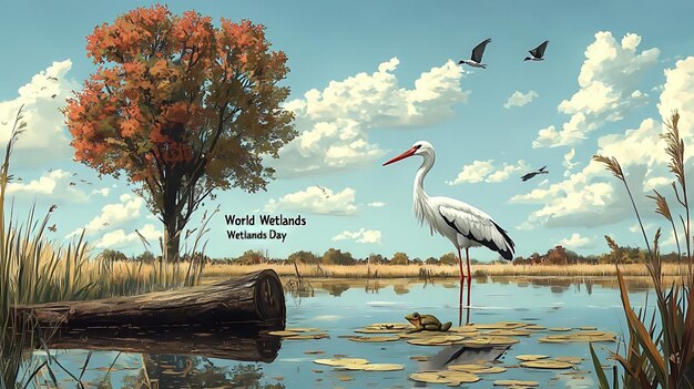 World Wetlands Day wetland scene with a tree and a white stork wading in the water