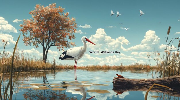 World Wetlands Day wetland scene with a tree and a white stork wading in the water