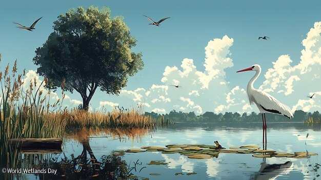 Photo world wetlands day wetland scene with a tree and a white stork wading in the water