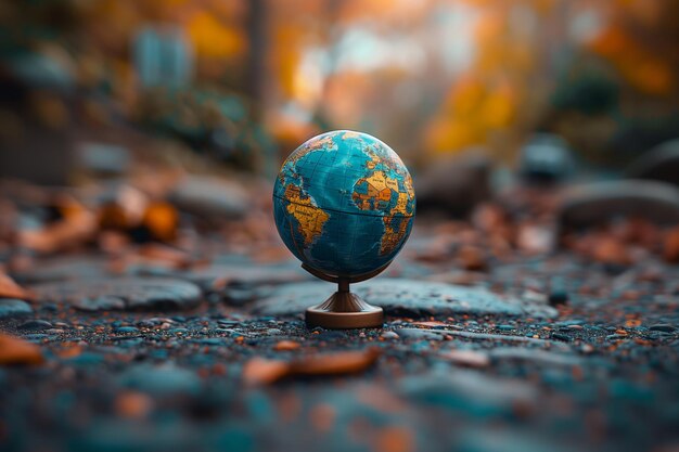 Photo a world where a single global government rules over all nations imposing its will through military forcea small globe rests on a rock under the blue sky