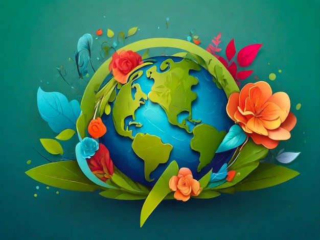 a world with flowers and a bird on the top of it