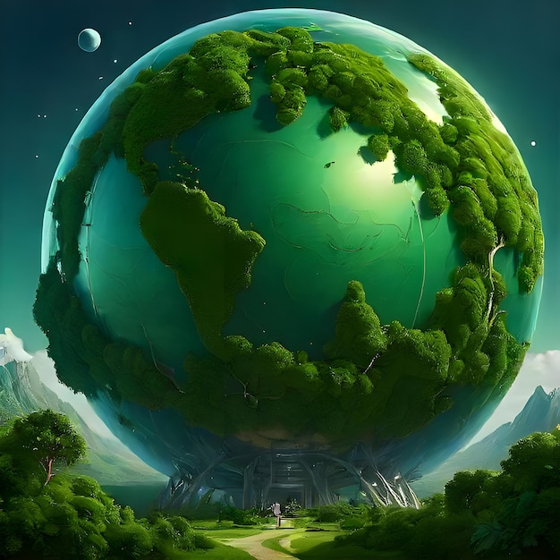 a world with a green planet in the middle of it