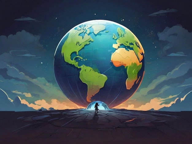 a world with a man standing in the middle of it