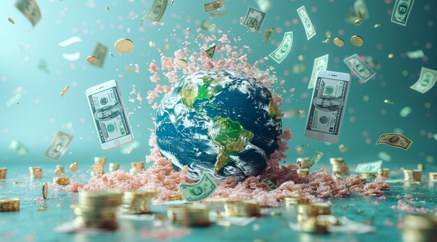 Photo a world with money falling from it and the world is falling