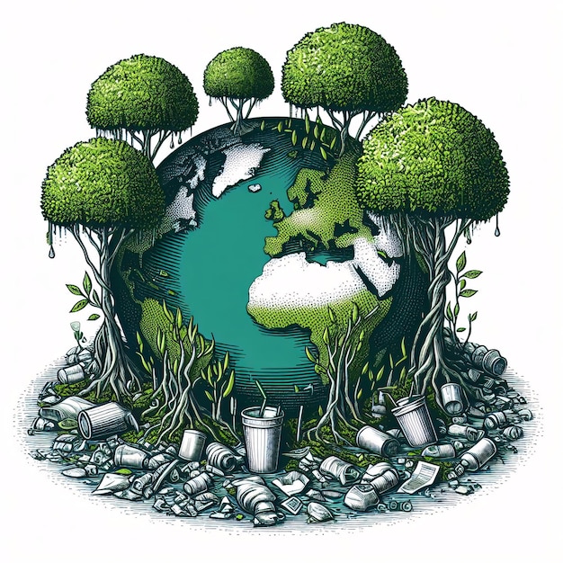 a world with a tree and a globe with a green tree on it