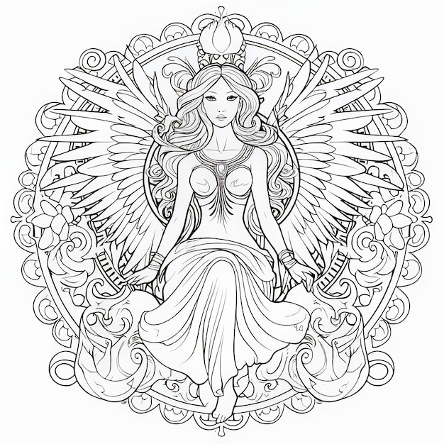 Photo worldly wonders exquisite ethereal mandala coloring page featuring divine goddesses and cherubic an