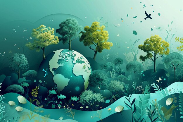 the worlds ecosystem in an earth sphere that has trees fish and birds