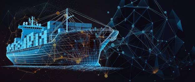 Worldwide cargo ship. Polygonal wireframe mesh art looks like constellation on dark blue night sky with dots and stars. Transportation, logistic, shipping concept illustration or background. Generativ