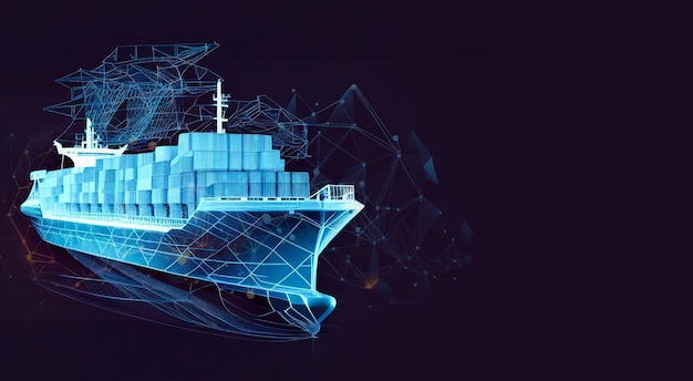 Worldwide cargo ship. Polygonal wireframe mesh art looks like constellation on dark blue night sky with dots and stars. Transportation, logistic, shipping concept illustration or background. Generativ