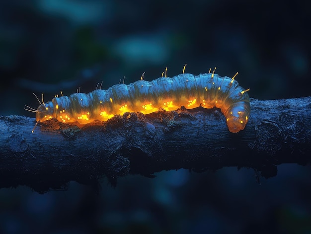 a worm is on a branch with lights around it