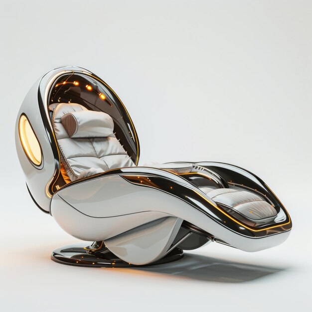 Photo wormseye view of a sleek futuristic reclining armchair metallic finish with led accents hightech surroundings 3d cg imagery dramatic lighting effects