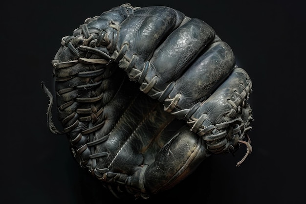 Worn baseball glove on black background