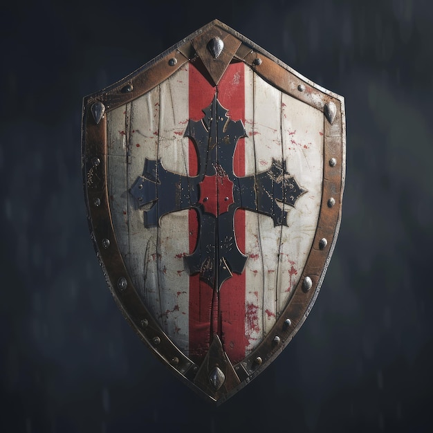 A worn and battered shield with a cross on it