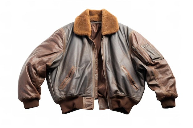 Photo a worn brown leather bomber jacket with a sheepskin collar isolated on white on a clear png or white background