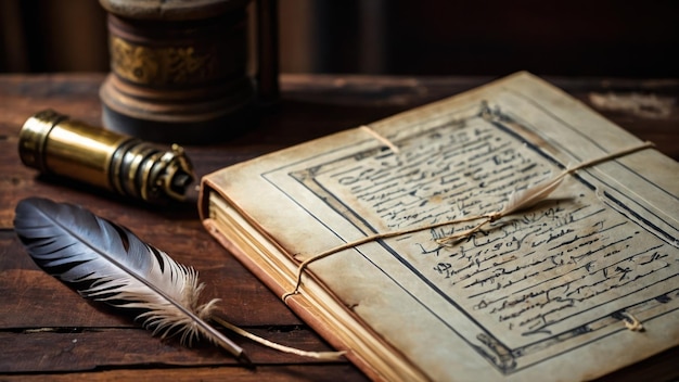 A worn leather journal with a feather resting on a rustic wooden table ideal for vintage concepts