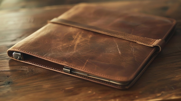 A worn leather notebook with a strap on a wooden table