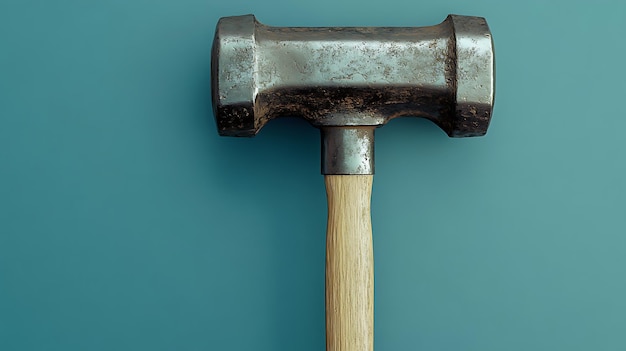 Worn Metal Sledgehammer with Wooden Handle on Teal Background