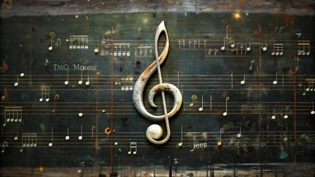 Photo a worn metal treble clef sits on a vintage sheet of music with faded notes against a textured dark green background