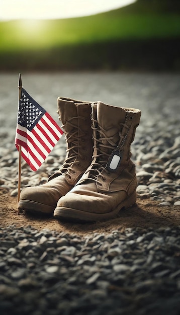 Worn Military Boots and American Flag on Gravel