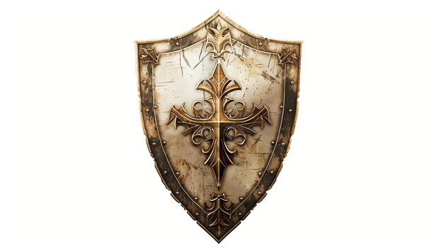 Photo a worn ornate metal shield with a gold cross