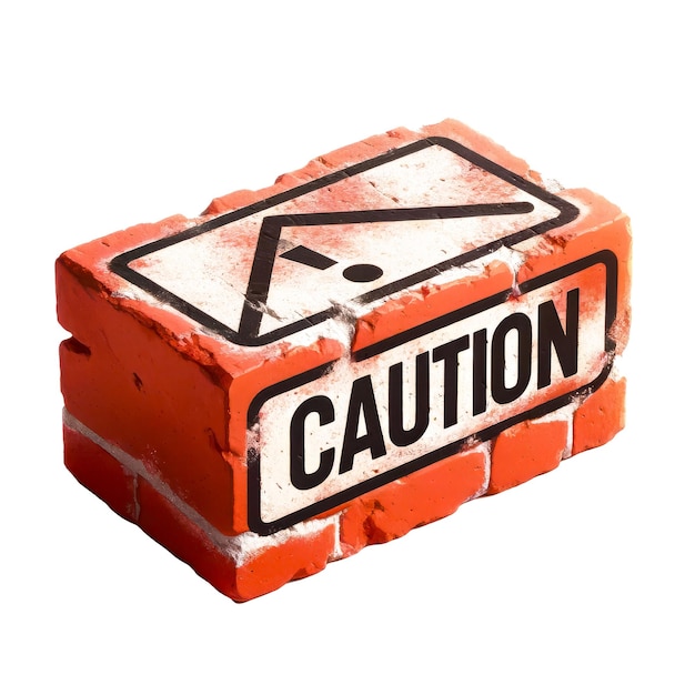 A worn red brick with white caution markings and bold CAUTION text isolated on a white background