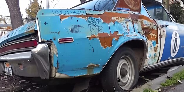 Photo worn rusty blue and white car with graffiti is sitting on the roadside