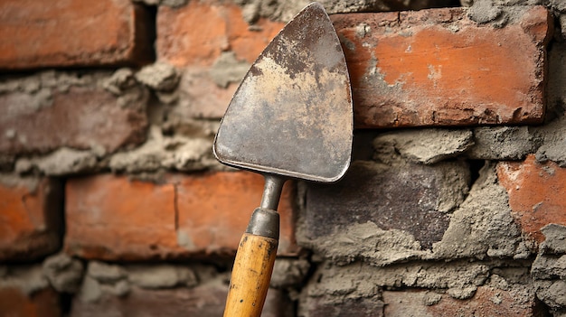 Photo worn trowel leaning against a brick wall