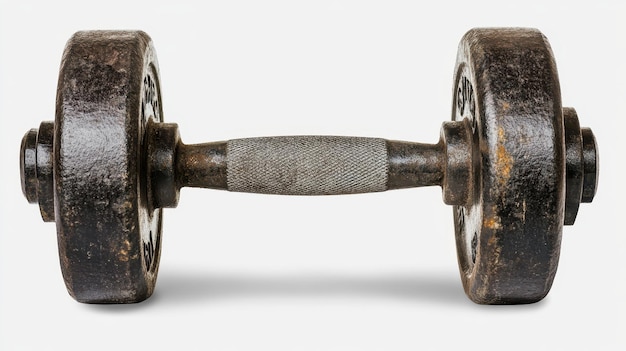 A worn vintage weightlifting dumbbell with a textured grip lying on a neutral background