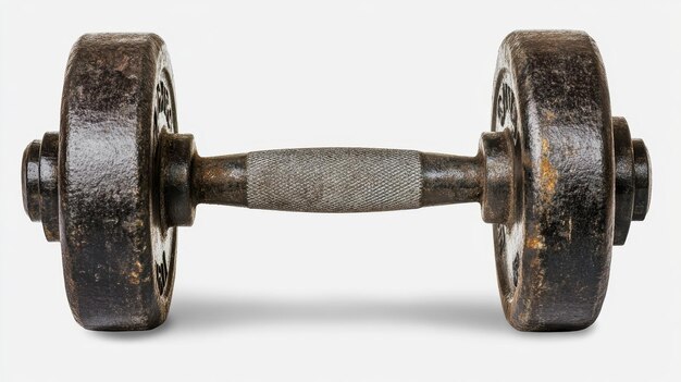 Photo a worn vintage weightlifting dumbbell with a textured grip lying on a neutral background