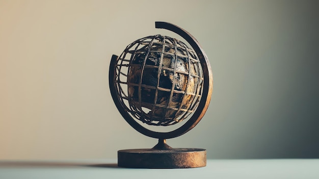 A Worn Wooden Globe with an Intricate Metal Frame