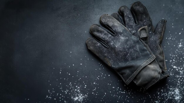 Photo worn work gloves on a textured dark surface symbol of hard labor with copy space for text