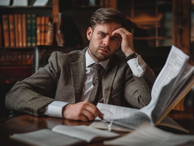 A worried businessman in a suit sits at his desk reviewing documents with a concerned expression sur