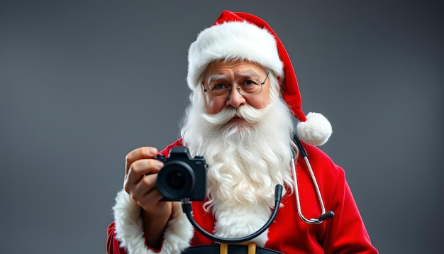 Worried calm Santa look at camera hold stethoscope in hand stand isolated with white highlights