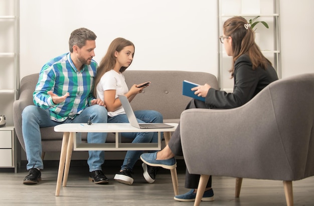 Worried father talk to family psychologist about phone addicted child, family.