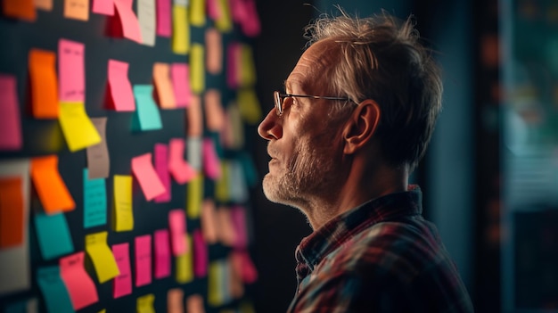 A worried man staring at a wall covered with notes show different financial options and strategies