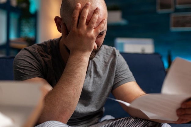 Worried person with depression reading eviction notice paper, feeling frustrated about mortgage payment and financial debt. Sad anxious man receiving bank bill warning notification. Close up.