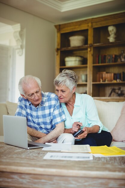 Worried senior couple checking bills in living room