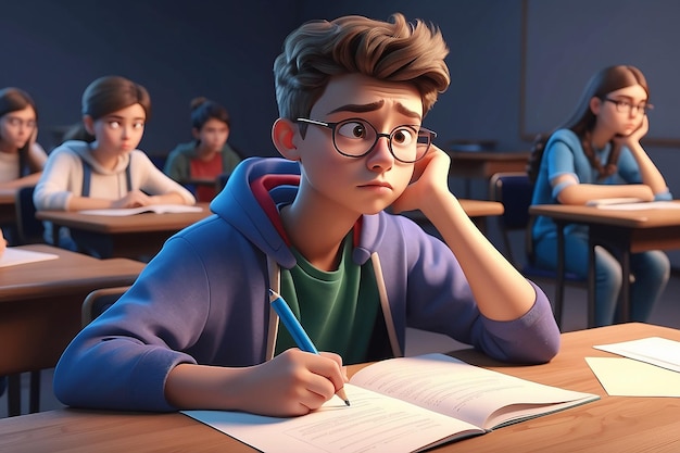 Worried upset teen student on exam Education and study vector concept Alarmed by student answers questions in exam illustration