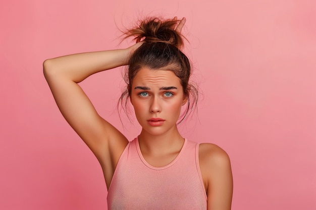 worried young woman with hair loss problem on pink background concerned young woman facing hair