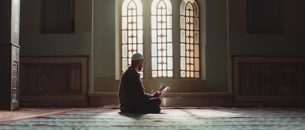 Worshipper finds peace within the hallowed walls of a sunlit mosque