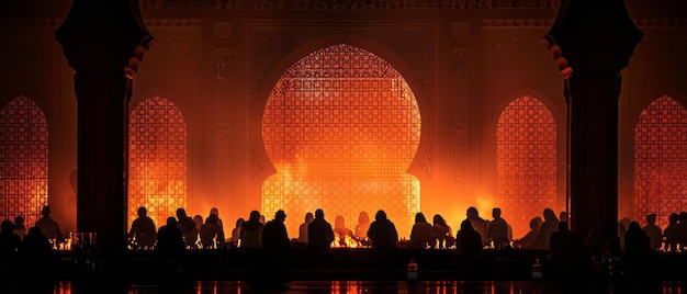 Worshippers performing Taraweeh prayers at the mosque their silhouettes against the illuminated mihrab exemplifying the spiritual significance of Ramadan