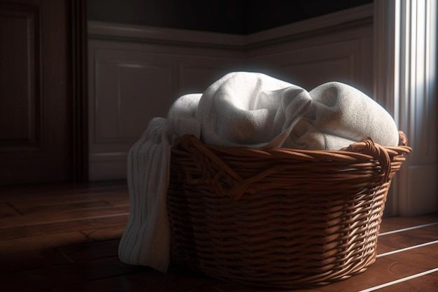 Woven basket filled with plush towels and bathrobes