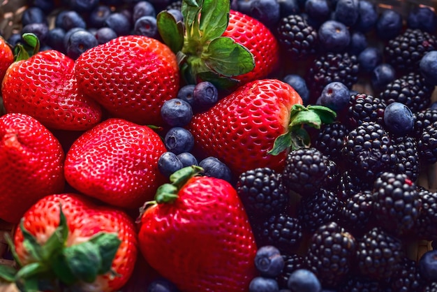 Woven basket of red strawberries blueberries and blackberries