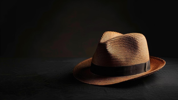 Woven brown straw hat with black band on dark background