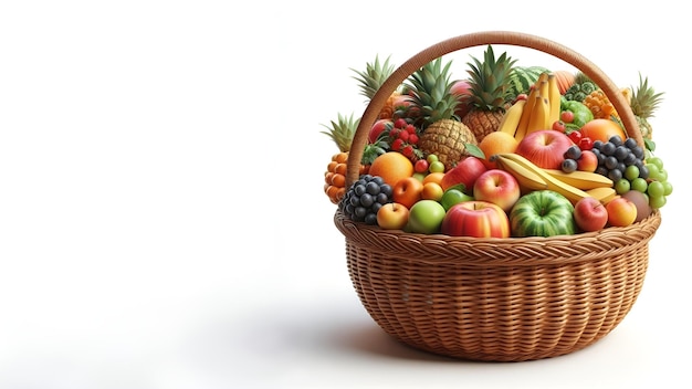 woven rattan basket filled with fresh fruits isolated on white background