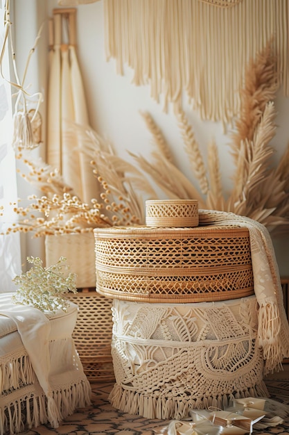 Photo woven rattan basket podium with a bohemian and natural textu elegant display backdrop stand